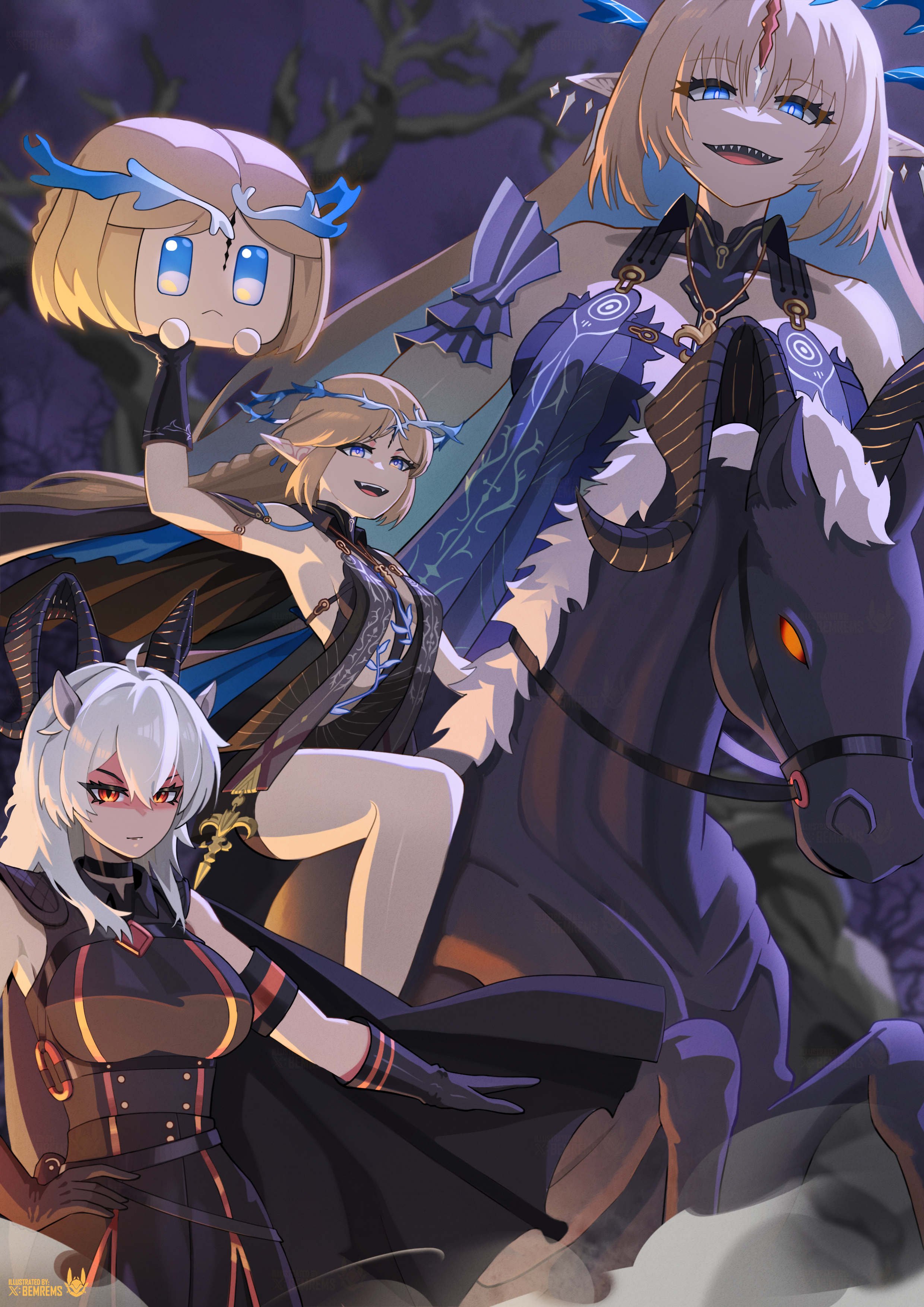 knightfury, cartethyia (wuthering waves), fleurdelys (wuthering waves), zani (wuthering waves), wuthering waves, absurdres, commentary, english commentary, highres, 3girls, ahoge, alternate costume, animal ears, animalization, bare shoulders, black cape, black choker, black collar, black dress, black gloves, black horns, black pants, black shirt, black tabard, blue eyes, breasts, cape, choker, closed mouth, collar, crown of thorns, curled horns, dress, dual persona, earrings, evil smile, floating earrings, gloves, halloween costume, hand on own hip, holding, horns, horse ears, horseback riding, jewelry, kemonomimi mode, large breasts, long hair, looking at viewer, multiple girls, necklace, open mouth, orange eyes, pants, parted bangs, person and animalization, pointy ears, remnant cube (wuthering waves), riding, sharp teeth, shirt, sidelocks, smile, tabard, tacet mark (wuthering waves), teeth, white hair