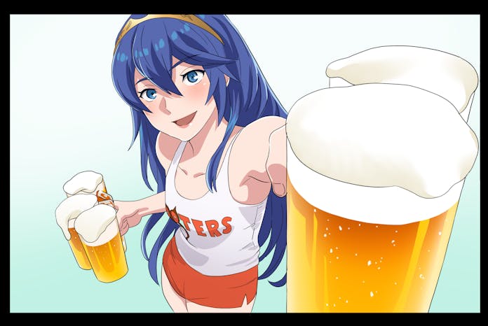 lucina (fire emblem), fire emblem, fire emblem awakening, hooters, nintendo, commentary, commission, english commentary, skeb commission, 1girl, alcohol, alternate costume, aoki ken'ichirou, beer, beer mug, blue eyes, blue hair, breasts, crop top, cup, long hair, looking at viewer, mug, open mouth, shorts, small breasts, smile, solo, tank top, tiara, very long hair, waitress