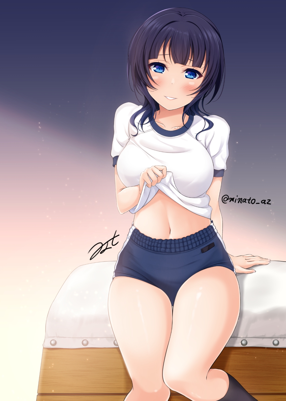 hino minato (spec.c), asaka karin, love live!, love live! nijigasaki high school idol club, highres, 1girl, artist name, black hair, black socks, blue eyes, blue hair, blush, breasts, buruma, clothes lift, gradient background, gym uniform, large breasts, medium hair, midriff, navel, school, shirt, shirt lift, sitting, sitting on object, smile, socks, thick thighs, thighs, twitter username, white shirt