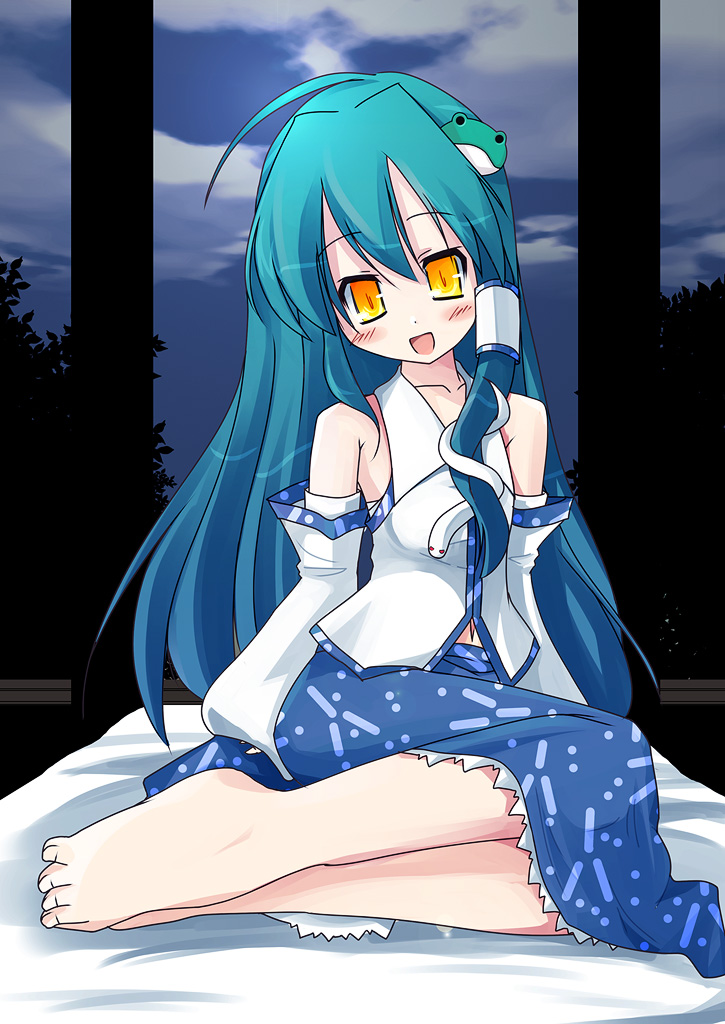 miichi (mimimi), mimimi, kochiya sanae, touhou, 1girl, bad anatomy, bad feet, barefoot, feet, female focus, green hair, japanese clothes, long hair, miko, poorly drawn, solo