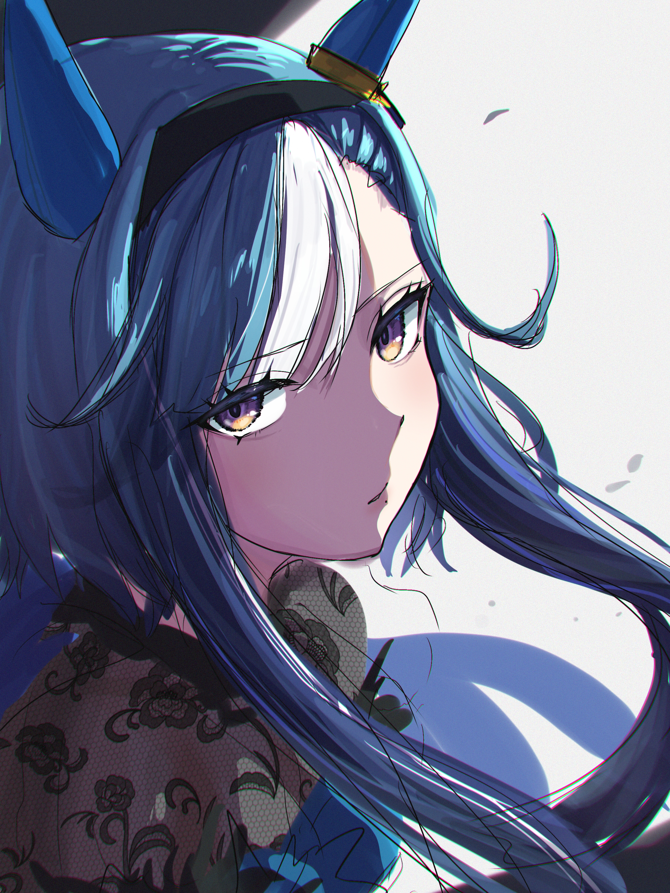 jime asyl, admire groove (umamusume), umamusume, absurdres, highres, 1girl, animal ears, black hairband, blue hair, ear covers, hairband, horse ears, horse girl, mole, mole under mouth, multicolored hair, simple background, solo, streaked hair, upper body, white background, yellow eyes