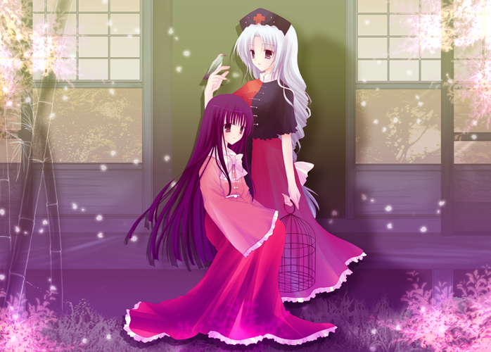 shirogane hina, houraisan kaguya, yagokoro eirin, touhou, 2girls, bamboo, bird, bird on hand, birdcage, black hair, bow, bowtie, cage, female focus, full body, hat, holding, long hair, long skirt, long sleeves, multiple girls, nurse cap, purple hair, red skirt, sitting, skirt, sleeves past wrists, very long hair, white hair, wide sleeves