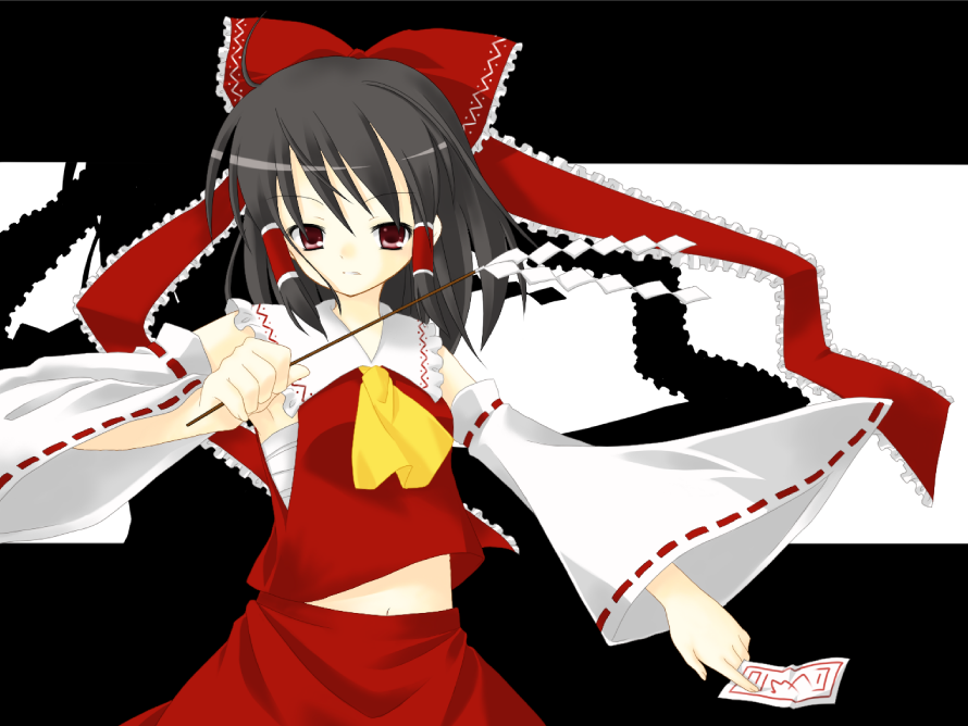 bikage, mikage kannazuki, hakurei reimu, touhou, bad id, bad pixiv id, 1girl, female focus, gohei, japanese clothes, miko, navel, ribbon, skirt, solo