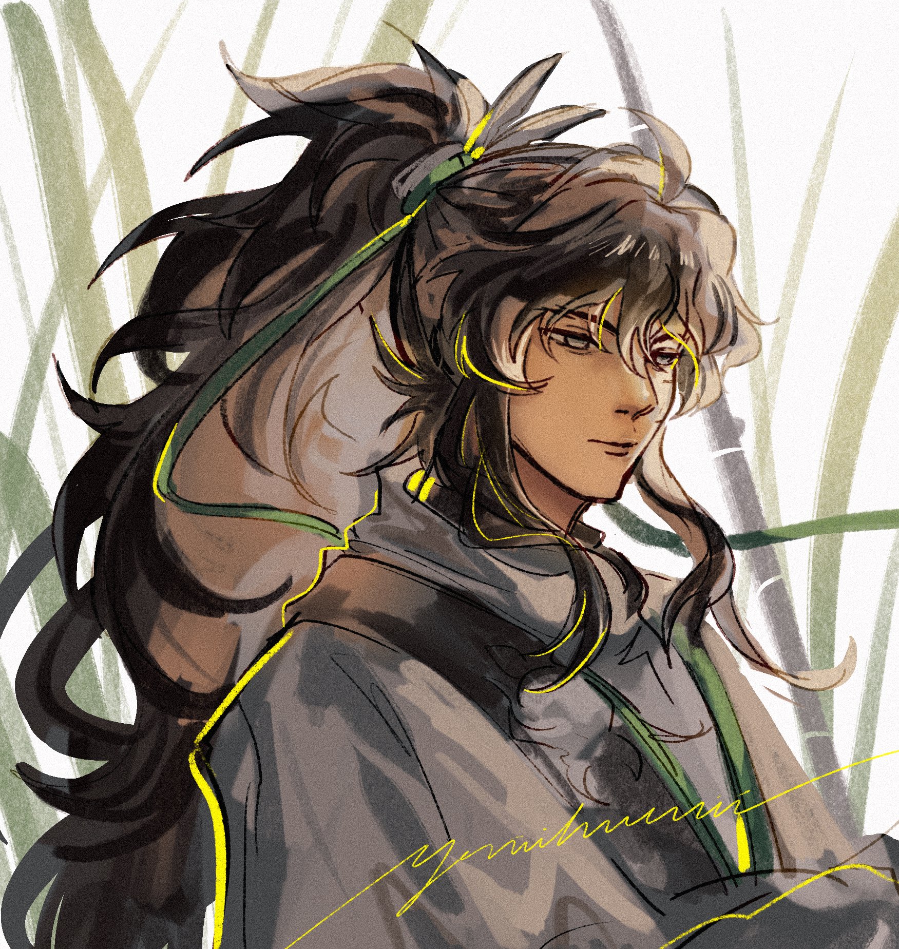 yeniihuenii, qiuyuan (wuthering waves), wuthering waves, commentary, english commentary, highres, 1boy, black hair, closed mouth, green ribbon, grey eyes, hair ribbon, half-closed eyes, long hair, male focus, no pupils, ponytail, ribbon, shirt, signature, solo, upper body, white shirt