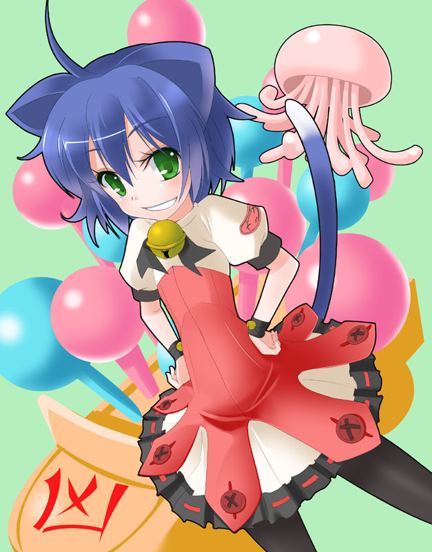 wapokichi, midarezaki gekka, midarezaki kyouka, kyouran kazoku nikki, 00s, animal ears, blue hair, dress, green eyes, pantyhose, smile, two-tone dress