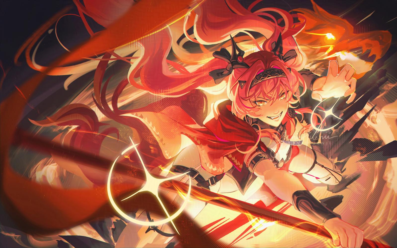 yeniihuenii, lupa (wuthering waves), wuthering waves, commentary, english commentary, 1girl, armor, black bow, bodysuit, bow, breastplate, claw pose, collar, dynamic pose, hair between eyes, hair bow, hair ornament, hairband, hand up, holding, holding polearm, holding weapon, long hair, looking at viewer, metal collar, metal hairband, multiple hair bows, open mouth, pink hair, polearm, red pupils, red sash, sash, signature, smile, solo, weapon, white bodysuit, wrist guards, yellow eyes