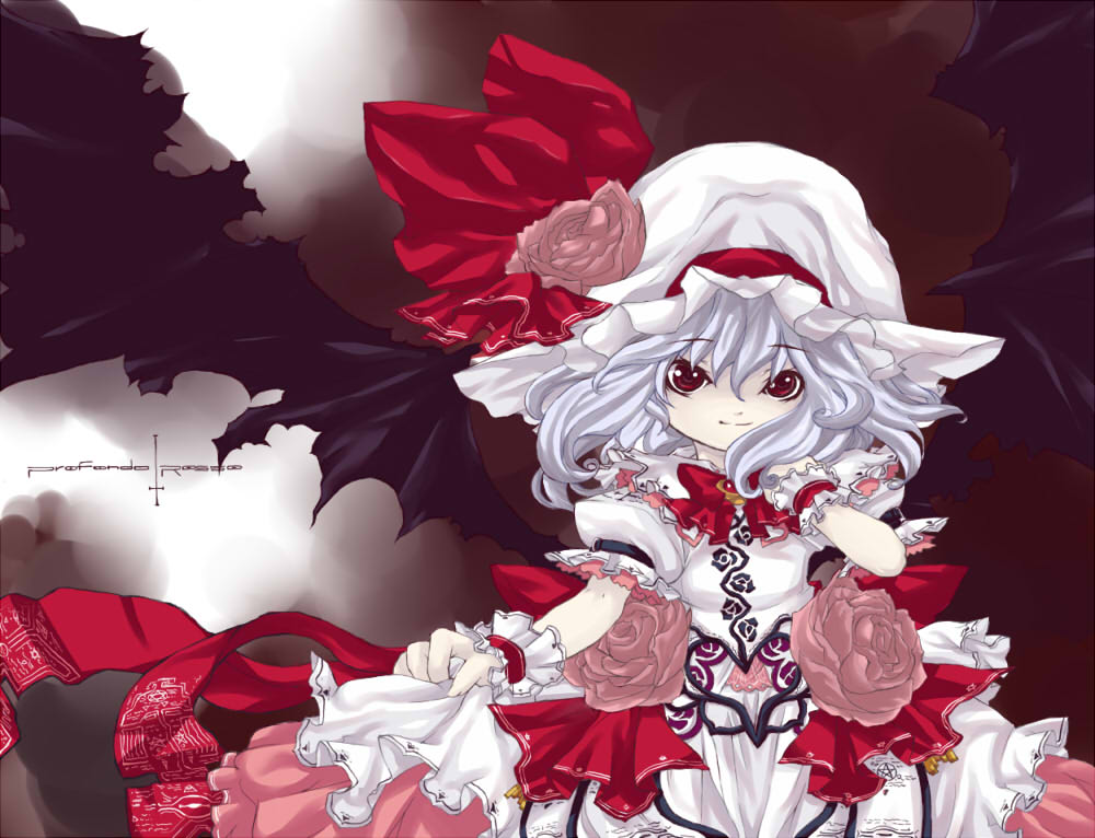 tm (gf-tm), remilia scarlet, touhou, bad id, bad pixiv id, 1girl, female focus, flower, goth fashion, gradient background, hat, lolita fashion, plant, ribbon, rose, short hair, skirt hold, smile, solo, white background, wings, wrist cuffs