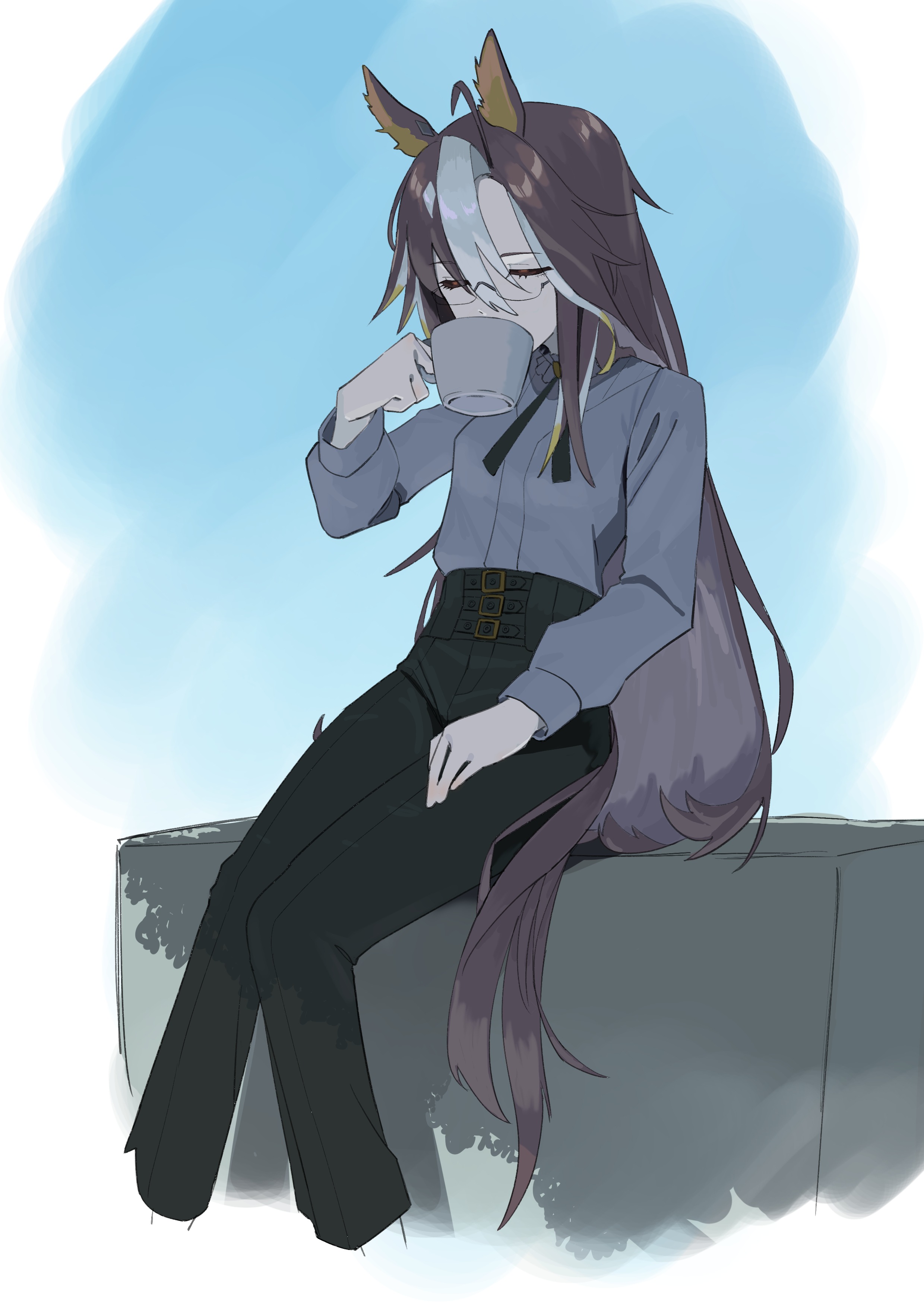fuse gomame, dream journey (umamusume), umamusume, absurdres, highres, 1girl, animal ears, coffee mug, cup, drinking, glasses, holding, holding cup, horse ears, horse girl, horse tail, mug, multicolored hair, single hair intake, sitting, solo, streaked hair, tail