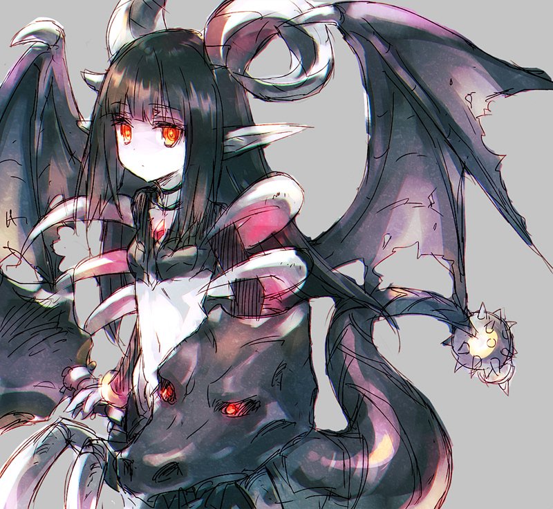 wanko (takohati8), emil chronicle online, 1girl, astaroth (eco), black hair, black shirt, demon girl, demon horns, demon tail, grey background, horns, long hair, navel, orange eyes, pointy ears, shirt, solo, tail