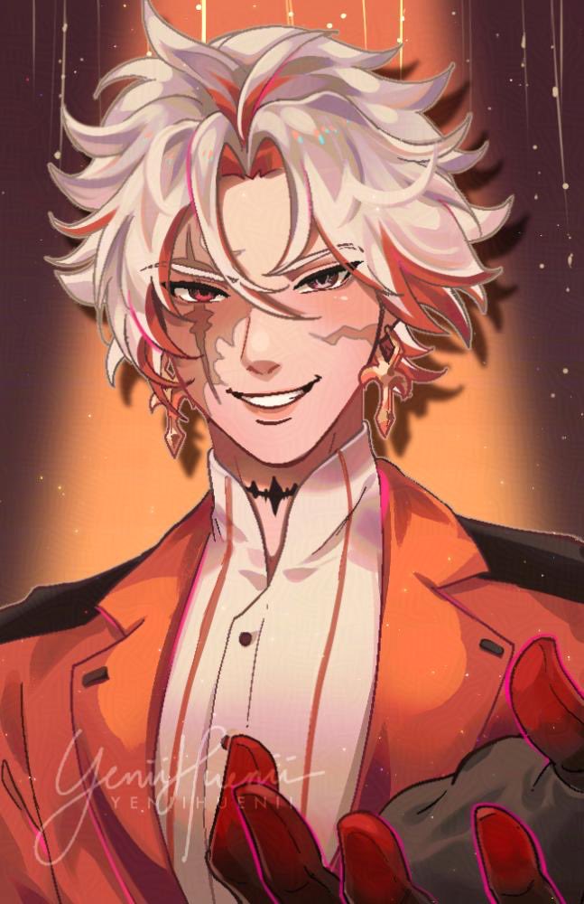 yeniihuenii, scar (wuthering waves), wuthering waves, commentary, english commentary, 1boy, alternate costume, burn scar, cross, cross earrings, earrings, grey eyes, heterochromia, jacket, jewelry, looking at viewer, male focus, multicolored hair, offering hand, red eyes, red hair, red jacket, scar, scar across eye, scar on face, shirt, short hair, smile, solo, tacet mark (wuthering waves), two-tone hair, white hair, white shirt