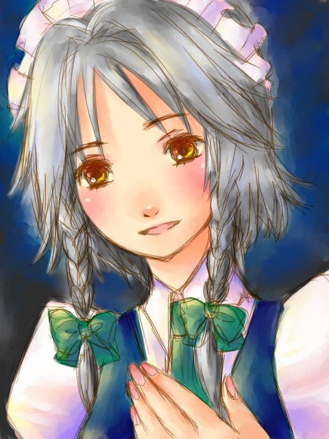 takanashi minato, izayoi sakuya, touhou, silver hair, 1girl, braid, female focus, short hair, solo, twin braids