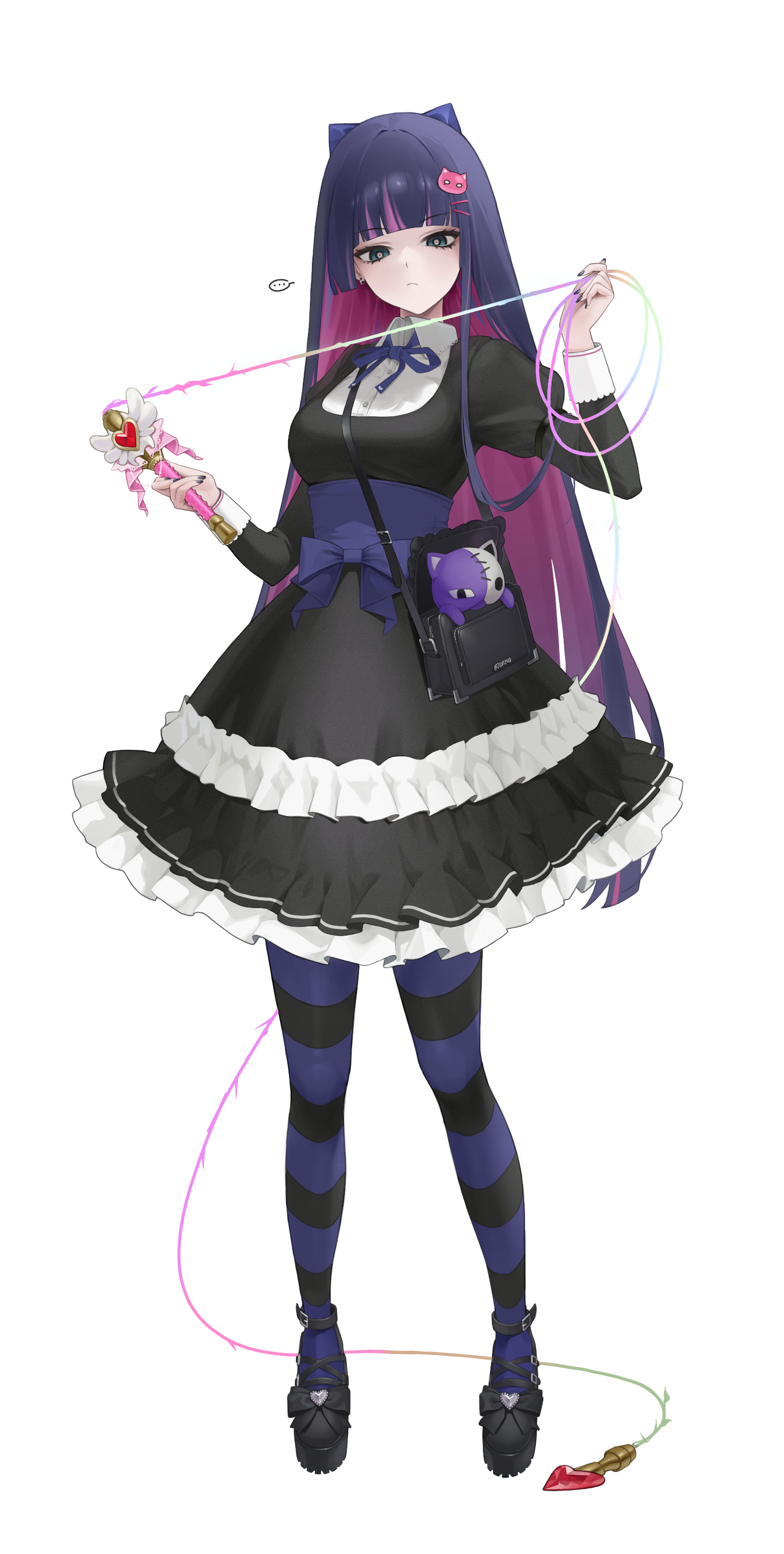 mallo825, honekoneko (psg), stocking (psg), panty & stocking with garterbelt, absurdres, highres, 1girl, black dress, black thighhighs, blue eyes, blue hair, blue thighhighs, closed mouth, colored inner hair, dress, frilled dress, frills, long hair, looking at viewer, multicolored hair, nail polish, purple hair, purple nails, streaked hair, striped clothes, striped thighhighs, thighhighs, two-tone hair, very long hair, white background