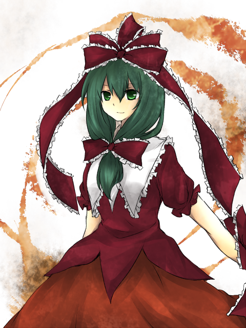 akina, kagiyama hina, touhou, 1girl, collar, dress, female focus, frills, front ponytail, green eyes, green hair, matching hair/eyes, puffy short sleeves, puffy sleeves, red dress, shawl, short sleeves, simple background, solo, white background, wrist cuffs