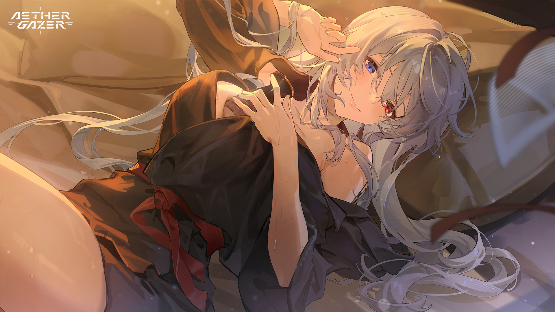 aether gazer, artist request, character request, highres, official art, second-party source, 1girl, between breasts, blue eyes, breasts, closed mouth, copyright name, grey hair, heterochromia, long hair, lying, on back, pillow, red eyes, wet, wet hair