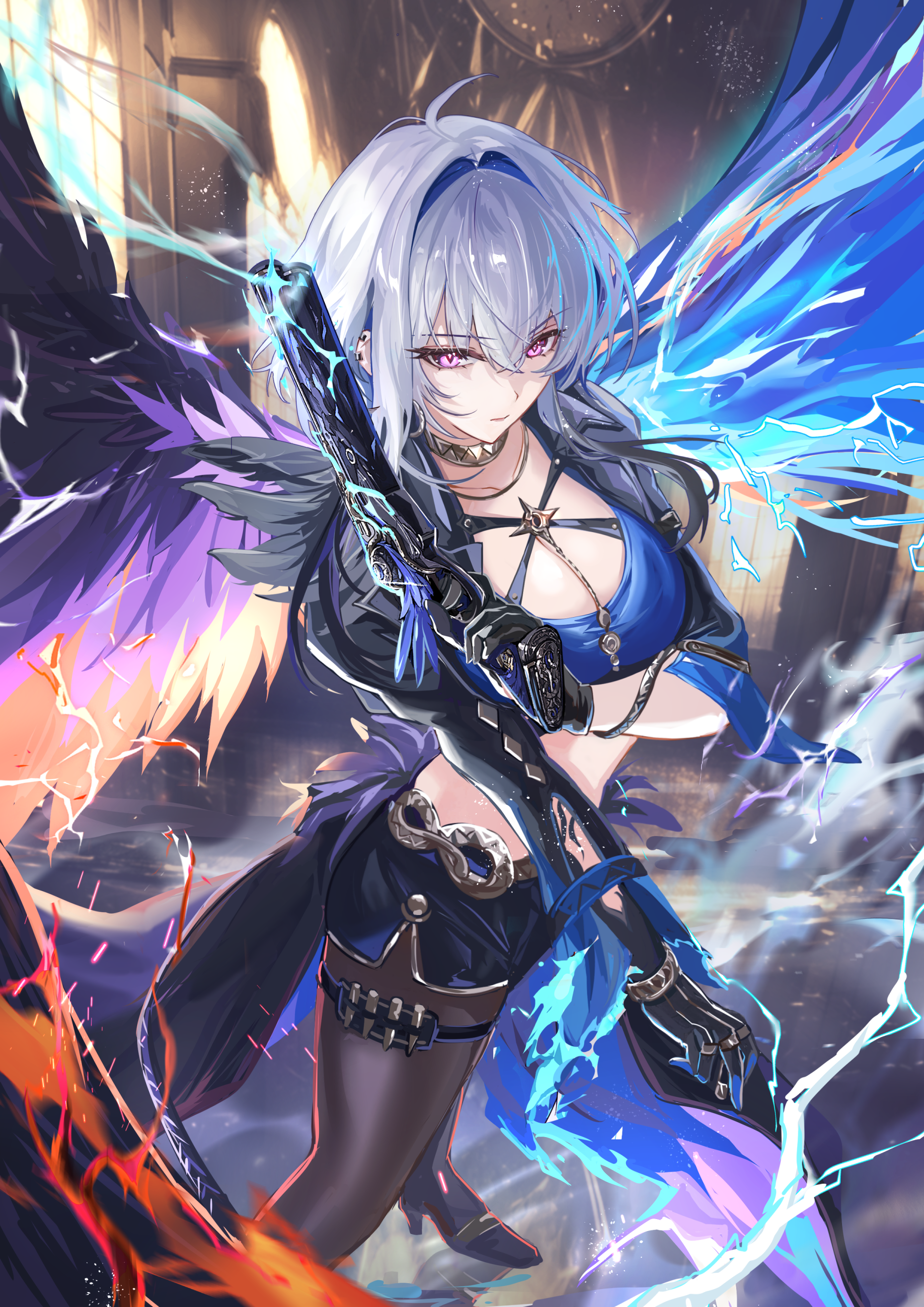 vardan, galbrena (wuthering waves), wuthering waves, absurdres, commentary, highres, 1girl, ahoge, black gloves, black jacket, black pantyhose, black shorts, blue bra, bra, breasts, cleavage, closed mouth, collarbone, criss-cross straps, cropped jacket, earrings, gloves, gold choker, grey hair, gun, hair between eyes, hair intakes, hand up, holding, holding gun, holding weapon, jacket, jewelry, looking at viewer, medium breasts, medium hair, mutation, pantyhose, purple eyes, shorts, sidelocks, single glove, solo, underwear, weapon