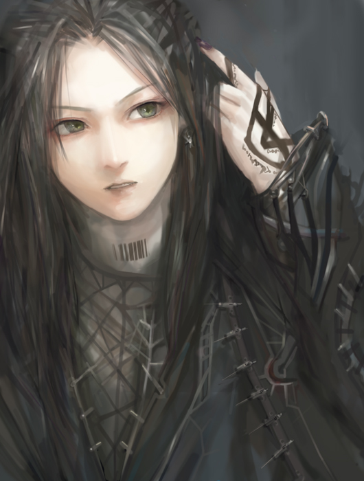 miche, original, bad id, bad pixiv id, barcode, brown hair, green eyes, long hair, solo