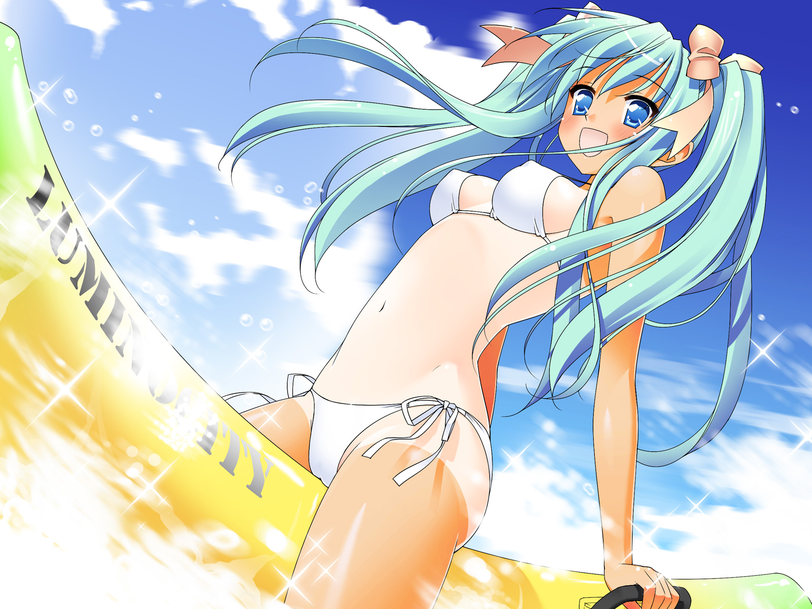 kani biimu, original, highres, 1girl, :d, aqua hair, banana boat, bikini, blue eyes, cloud, day, dutch angle, female focus, hair ribbon, long hair, on banana, one-piece tan, open mouth, ribbon, side-tie bikini bottom, sky, smile, solo, swimsuit, tan, tanline, twintails, white bikini