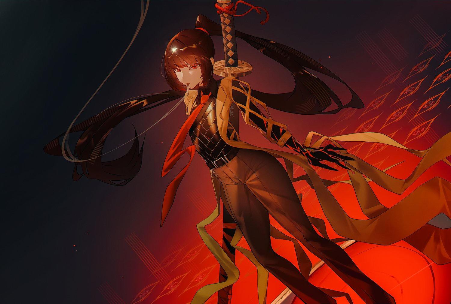 ryoshu (project moon), limbus company, project moon, 1girl, black hair, cigarette, grey pants, herupu0, katana, long hair, pants, ponytail, red eyes, smoking, solo, sword, very long hair, weapon