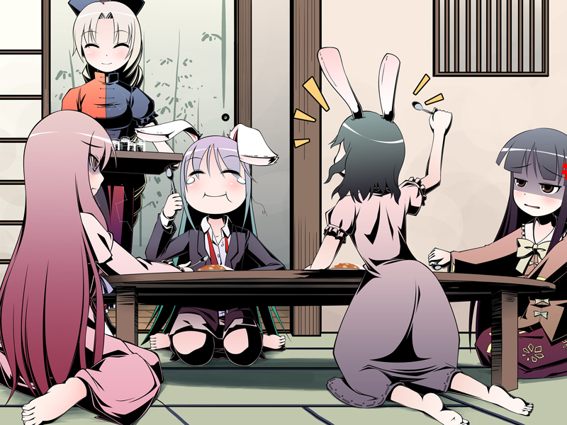 tajuu, houraisan kaguya, inaba tewi, patchouli knowledge, reisen udongein inaba, yagokoro eirin, touhou, silver hair, 5girls, :t, ^ ^, animal ears, barefoot, black hair, closed eyes, curry, eating, female focus, food, gradient hair, happy, jitome, long hair, multicolored hair, multiple girls, no headwear, purple hair, rabbit ears, short hair, sitting, smile, table, teardrop, tears, wariza
