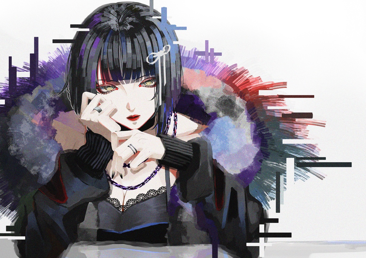 syakemayusan, original, 1girl, arms up, black dress, black eyeshadow, black hair, black nails, bob cut, breasts, chain, chain necklace, cleavage, coat, dress, eyeliner, eyeshadow, fingernails, fur-trimmed coat, fur trim, glitch, grey ribbon, hand on own face, inverted bob, jewelry, lace trim, large breasts, long sleeves, looking at viewer, makeup, necklace, parted lips, red eyeliner, red lips, ring, short hair, sitting, solo, upper body, white background, yellow eyes