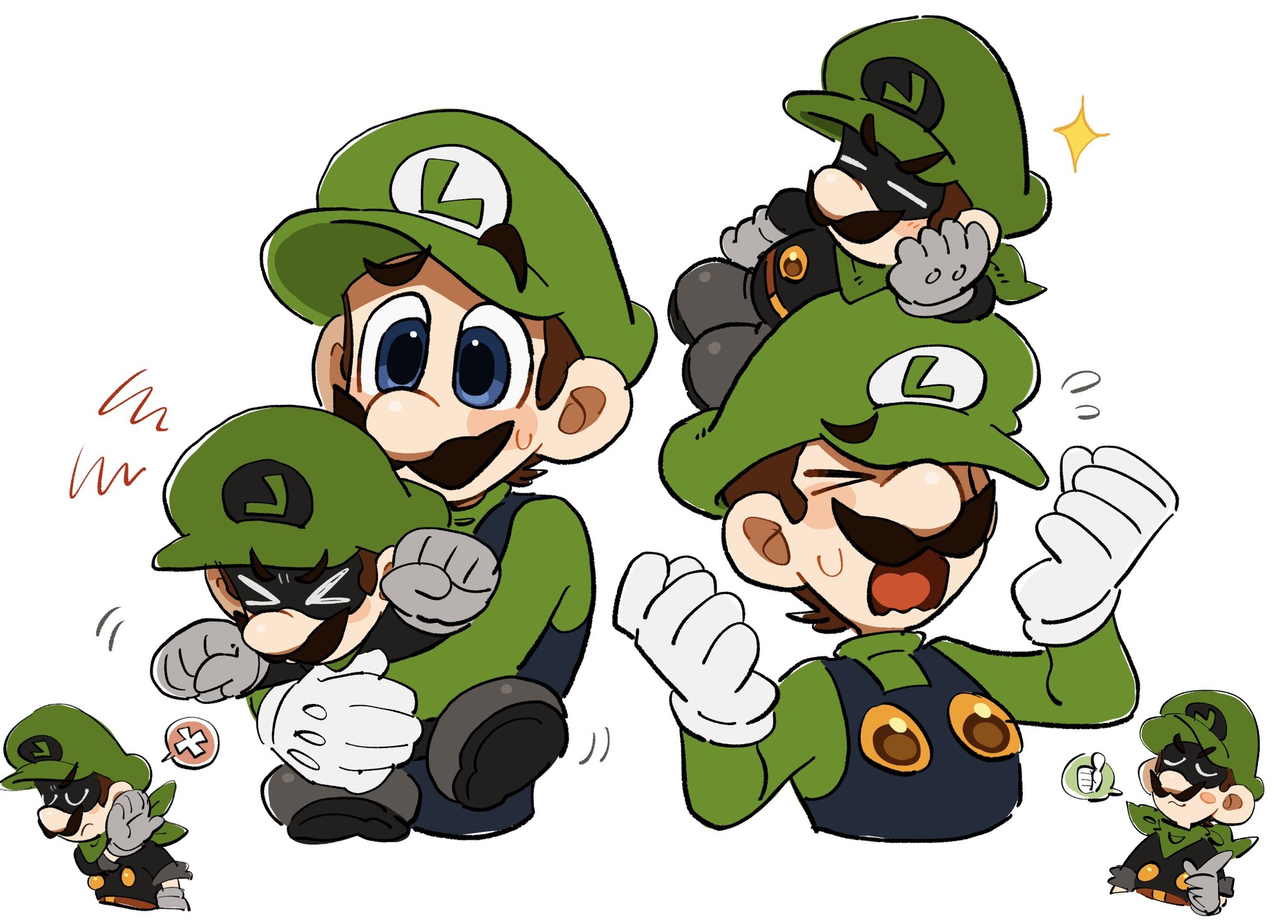 mimimi (mimimim9999), luigi, mr. l, mario (series), nintendo, paper mario, super paper mario, highres, 2boys, angry, annoyed, ascot, black mask, blue eyes, blue overalls, brown hair, carrying, carrying person, closed eyes, facial hair, gloves, green ascot, green hat, green shirt, grey gloves, hat, height difference, long sleeves, male focus, multiple boys, mustache, open mouth, overalls, shirt, shoes, short hair, sparkle, speech bubble, thought bubble, upper body, white background, white gloves