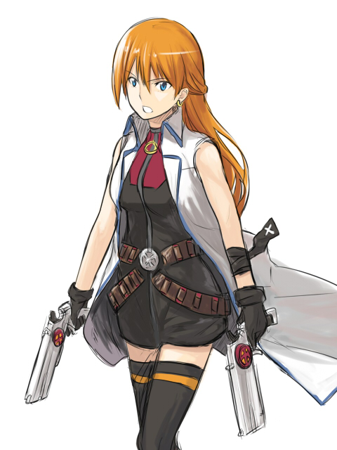 shirogane (fox), cross mirage, teana lanster, lyrical nanoha, mahou shoujo lyrical nanoha strikers, 00s, 1girl, blue eyes, female focus, gun, handgun, long hair, orange hair, solo, thighhighs, weapon, zettai ryouiki