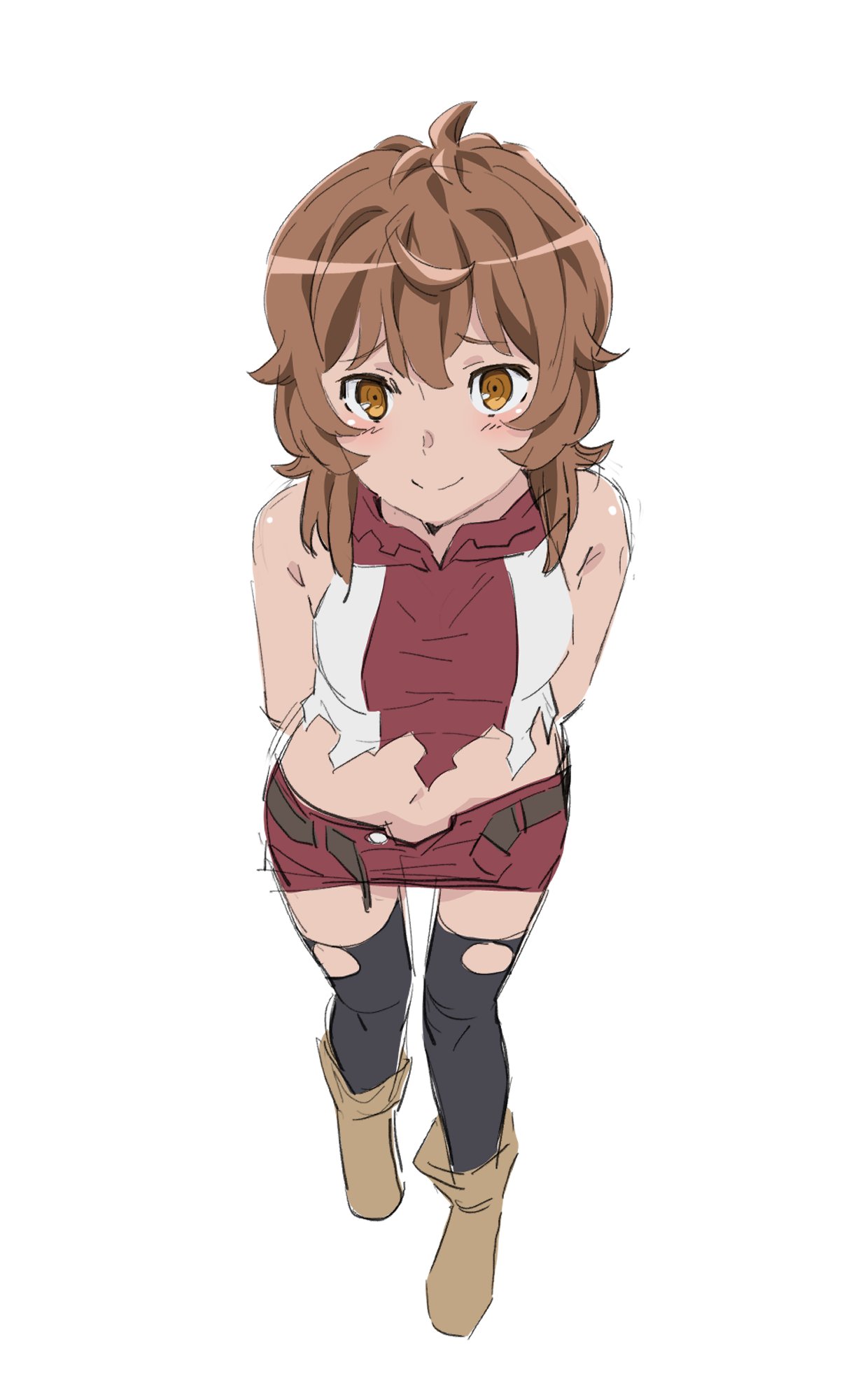 liliruca arde, dungeon ni deai wo motomeru no wa machigatteiru darou ka, highres, 1girl, aoki ken'ichirou, black thighhighs, boots, breasts, brown boots, brown eyes, brown hair, closed mouth, full body, long hair, looking at viewer, midriff, navel, red shirt, shirt, simple background, sleeveless, sleeveless shirt, smile, solo, thighhighs, torn clothes, torn thighhighs, white background