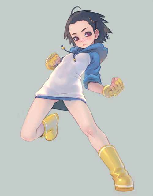 weno, original, 1girl, bandaid, black hair, boots, bottomless, clenched hands, dress shirt, female focus, fingerless gloves, flat chest, gloves, hair ornament, hairclip, hood, hoodie, navel, no pants, purple eyes, rubber boots, running, shirt, short hair, simple background, sleeves rolled up, solo, sweater