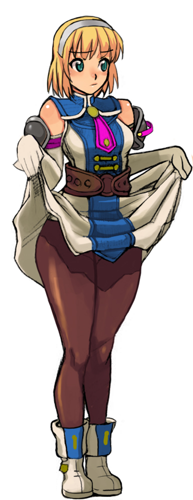 4st injection, cassandra alexandra, soul calibur, soulcalibur, soulcalibur ii, 1girl, blonde hair, boots, breasts, clothes lift, female focus, gloves, green eyes, necktie, pantyhose, pink necktie, skirt, skirt lift, solo, upskirt