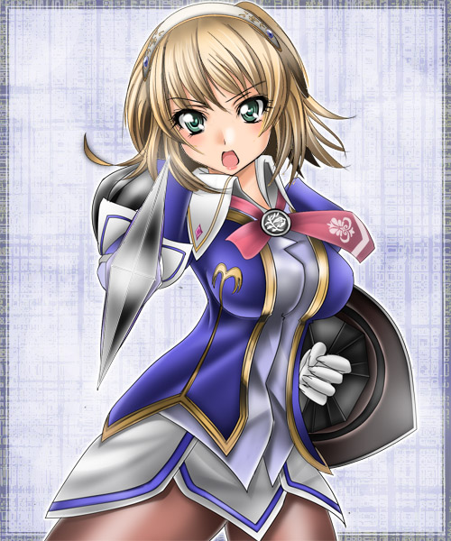 1041 (toshikazu), cassandra alexandra, soul calibur, soulcalibur, soulcalibur iii, 1girl, blonde hair, female focus, gloves, green eyes, looking at viewer, necktie, pantyhose, pink necktie, shield, solo, sword, weapon