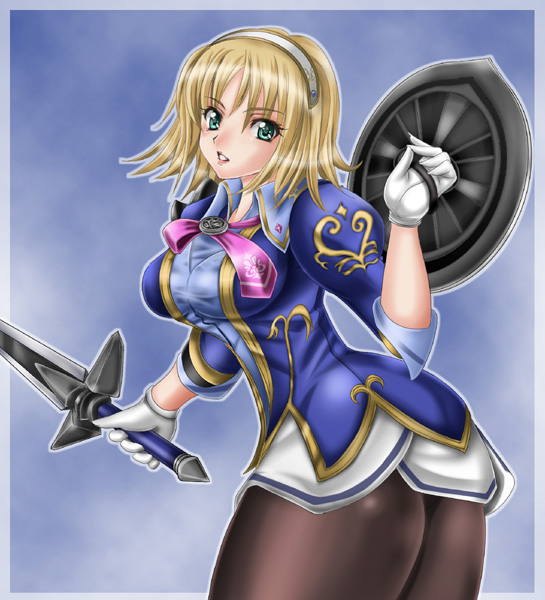 1041 (toshikazu), cassandra alexandra, soul calibur, soulcalibur, soulcalibur iii, 1girl, blonde hair, female focus, gloves, green eyes, looking at viewer, necktie, pantyhose, pink necktie, shield, solo, sword, weapon