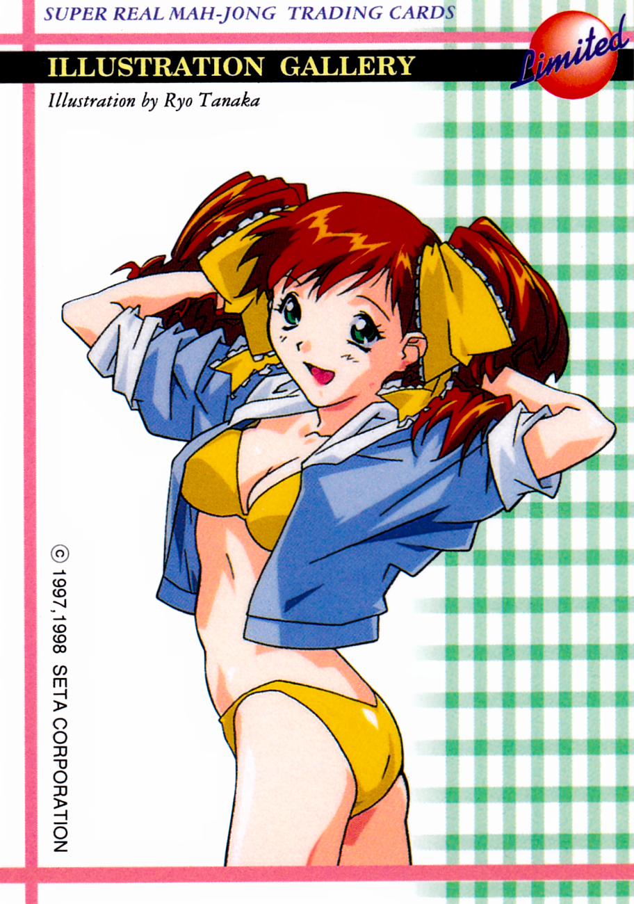 tanaka ryou, asahina yurina, super real mahjong, highres, non-web source, scan, 1990s (style), 1girl, arms up, artist name, bikini, company name, copyright name, copyright notice, green eyes, hood, hoodie, long hair, looking at viewer, open clothes, open hoodie, open mouth, red hair, retro artstyle, short sleeves, solo, swimsuit, twintails, twisted torso, yellow bikini
