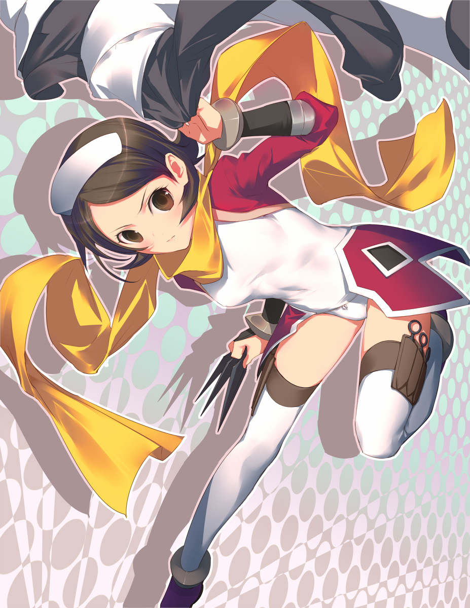 uni (plastic girl), shinozaki sayoko, code geass, highres, 00s, 1girl, brown eyes, brown hair, female focus, kunai, scarf, short hair, solo, thigh strap, thighhighs, weapon