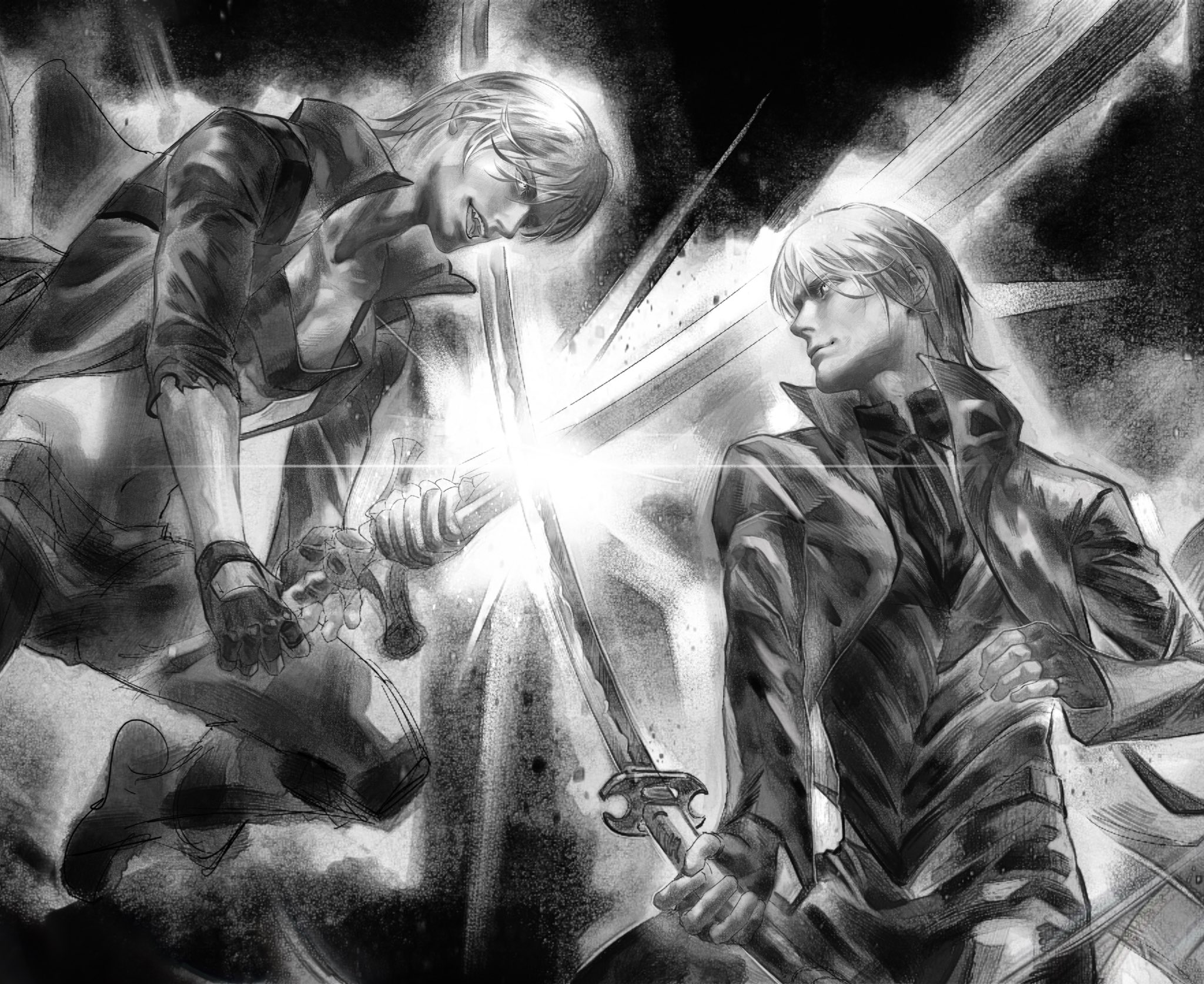 zimome90000000, dante (devil may cry), rebellion (sword), vergil (devil may cry), devil may cry, devil may cry (series), devil may cry 3, highres, black gloves, black pants, closed mouth, coat, fingerless gloves, gloves, holding, holding sword, holding weapon, male focus, monochrome, pants, popped collar, red coat, short hair, simple background, sketch, sword, weapon, white hair, yamato (sword)