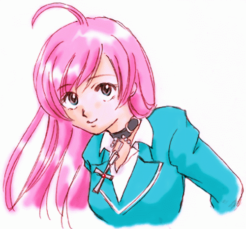 akashiya moka, rosario+vampire, artist request, lowres, source request, tagme, 00s, 1girl, ahoge, blazer, blue eyes, choker, female focus, jacket, jewelry, long hair, necklace, pink hair, smile, solo, white background
