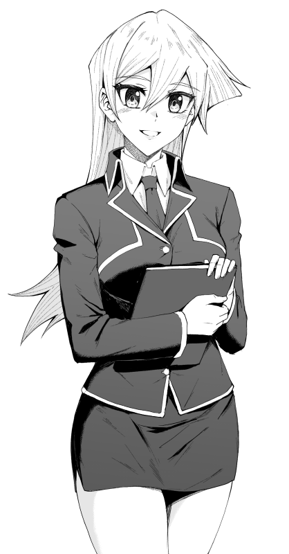 rourou ill, tenjouin asuka, yu-gi-oh!, yu-gi-oh! gx, 1girl, collared shirt, cowboy shot, greyscale, hair between eyes, holding, jacket, long hair, long sleeves, looking at viewer, monochrome, necktie, shirt, skirt, smile, solo, teacher