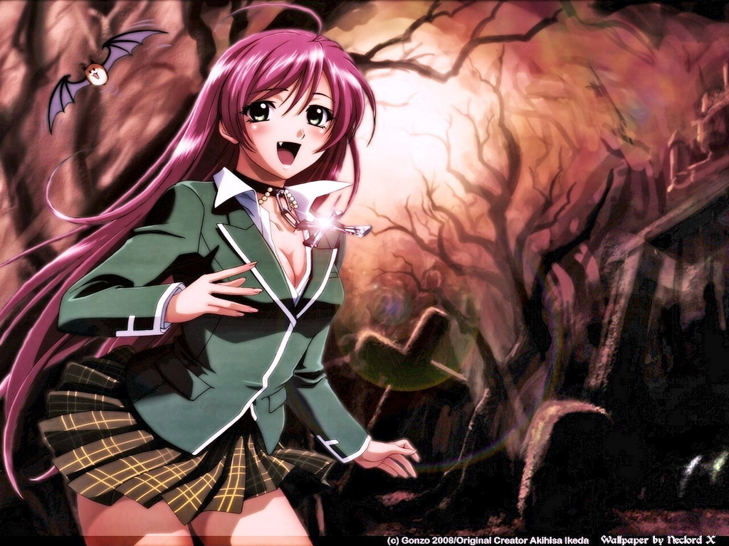 akashiya moka, nazo koumori, rosario+vampire, third-party edit, 00s, 1girl, ahoge, bat (animal), beads, blazer, blush, breasts, chain, choker, cleavage, cross, fang, female focus, graveyard, green eyes, green shirt, jacket, long hair, medium breasts, outdoors, pink hair, plaid clothes, plaid skirt, school uniform, shirt, skirt, solo, tree, very long hair