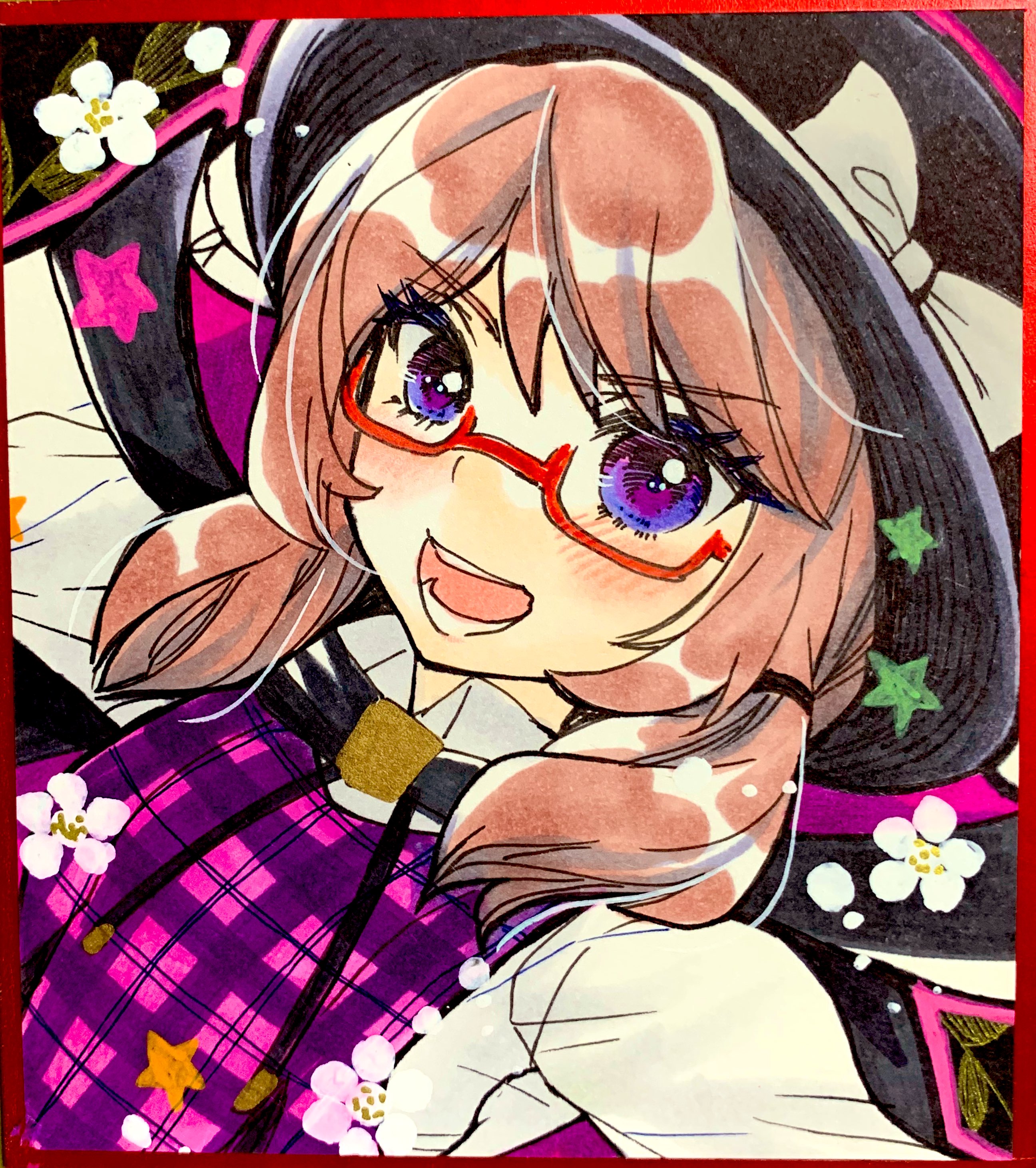 iori (akaringo), usami sumireko, touhou, absurdres, highres, 1girl, black hat, brown hair, cropped torso, fedora, hat, looking at viewer, medium hair, open clothes, purple eyes, red-framed eyewear, semi-rimless eyewear, shirt, solo, under-rim eyewear, white shirt