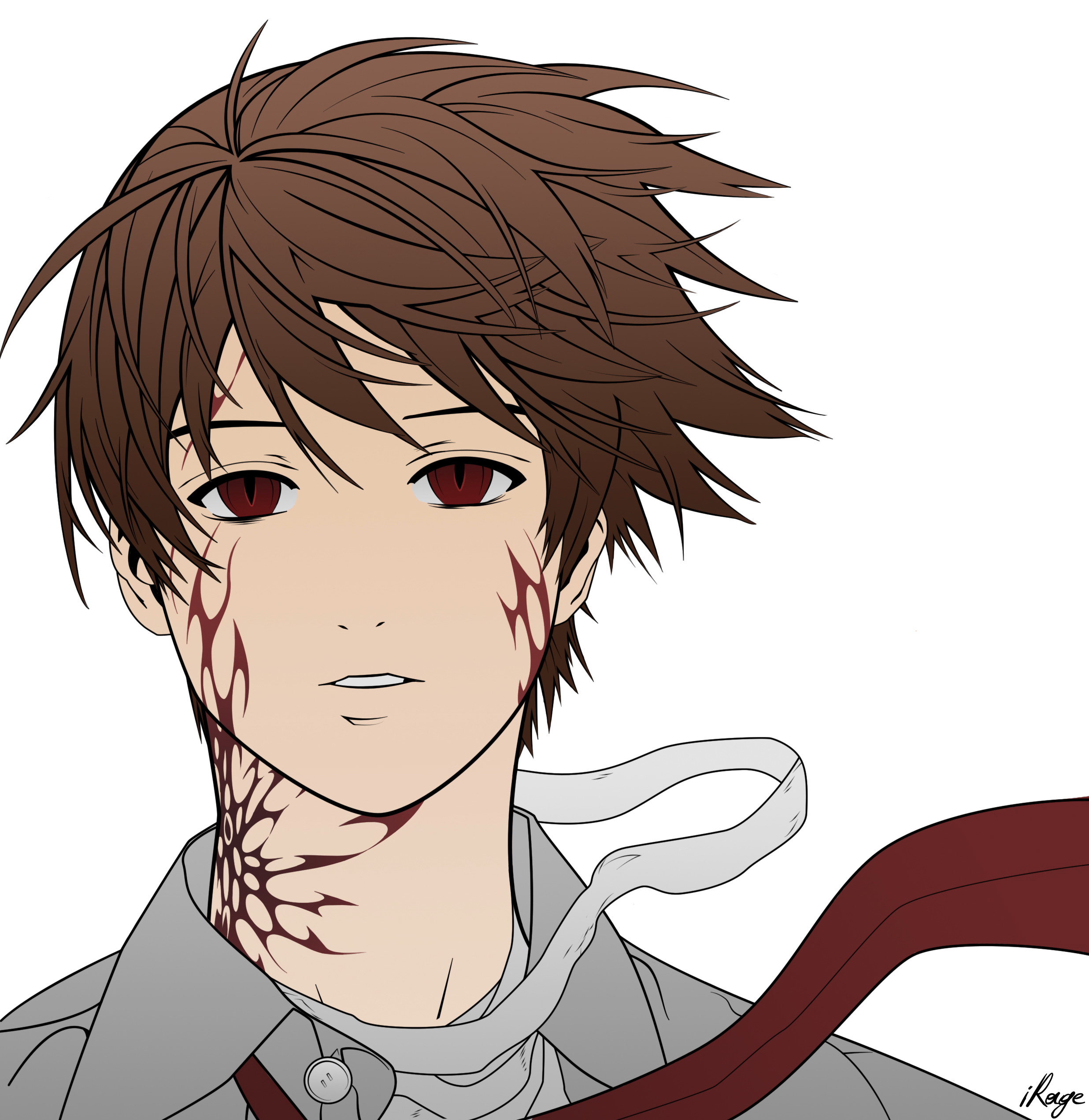 aono tsukune, rosario+vampire, absurdres, highres, 00s, 1boy, blank stare, collared shirt, empty eyes, expressionless, facial tattoo, floating clothes, hair between eyes, looking at viewer, male focus, parted lips, portrait, shirt, simple background, solo, swept bangs, tattoo, tattoo on neck, white background, wind