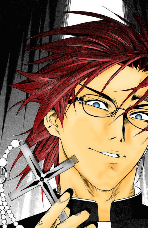 kaneshiro hokuto, rosario+vampire, 00s, 1boy, blue eyes, chain, cross, glasses, grin, male focus, partially colored, red hair, short hair, smile, solo