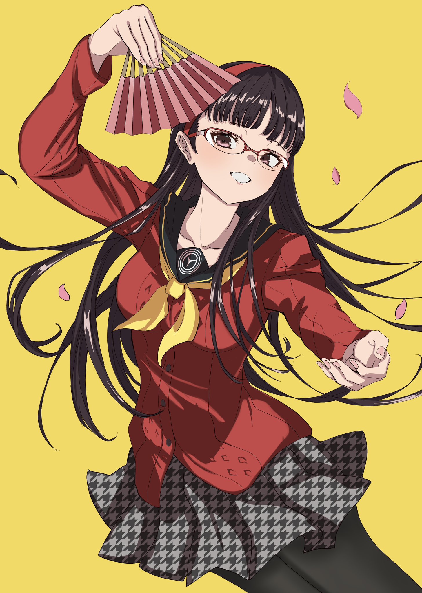 s-m-53413, amagi yukiko, persona, persona 4, highres, 1girl, black hair, black pantyhose, black sailor collar, black skirt, blunt bangs, breasts, brown eyes, cardigan, falling petals, floating hair, glasses, grey skirt, hairband, hand fan, hand up, holding, holding fan, houndstooth, long hair, looking at viewer, medium breasts, neckerchief, over-rim eyewear, pantyhose, petals, pink petals, pleated skirt, print skirt, red-framed eyewear, red cardigan, red hairband, round eyewear, sailor collar, school uniform, semi-rimless eyewear, simple background, skirt, smile, solo, teeth, two-tone skirt, yasogami school uniform, yellow background, yellow neckerchief