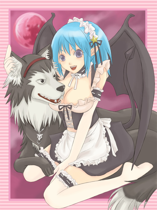 cord-yoshikazu, kurono kurumu, morioka ginei, rosario+vampire, 00s, 1girl, bat wings, blue hair, breasts, cleavage, corset, demon girl, large breasts, maid, pointy ears, purple eyes, short hair, smile, thighhighs, wings, wolf