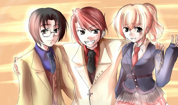 ushiromiya battler, ushiromiya george, ushiromiya jessica, umineko no naku koro ni, 00s, 1girl, 2boys, black hair, blonde hair, grey eyes, multiple boys, red hair