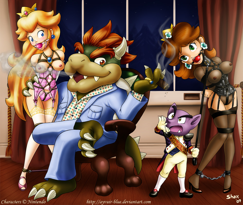 ayvuir-blue, shaz, bowser, princess daisy, princess peach, tatanga, nintendo, super mario bros. 1, ball gag, bdsm, cigar, gag, pimp, rope