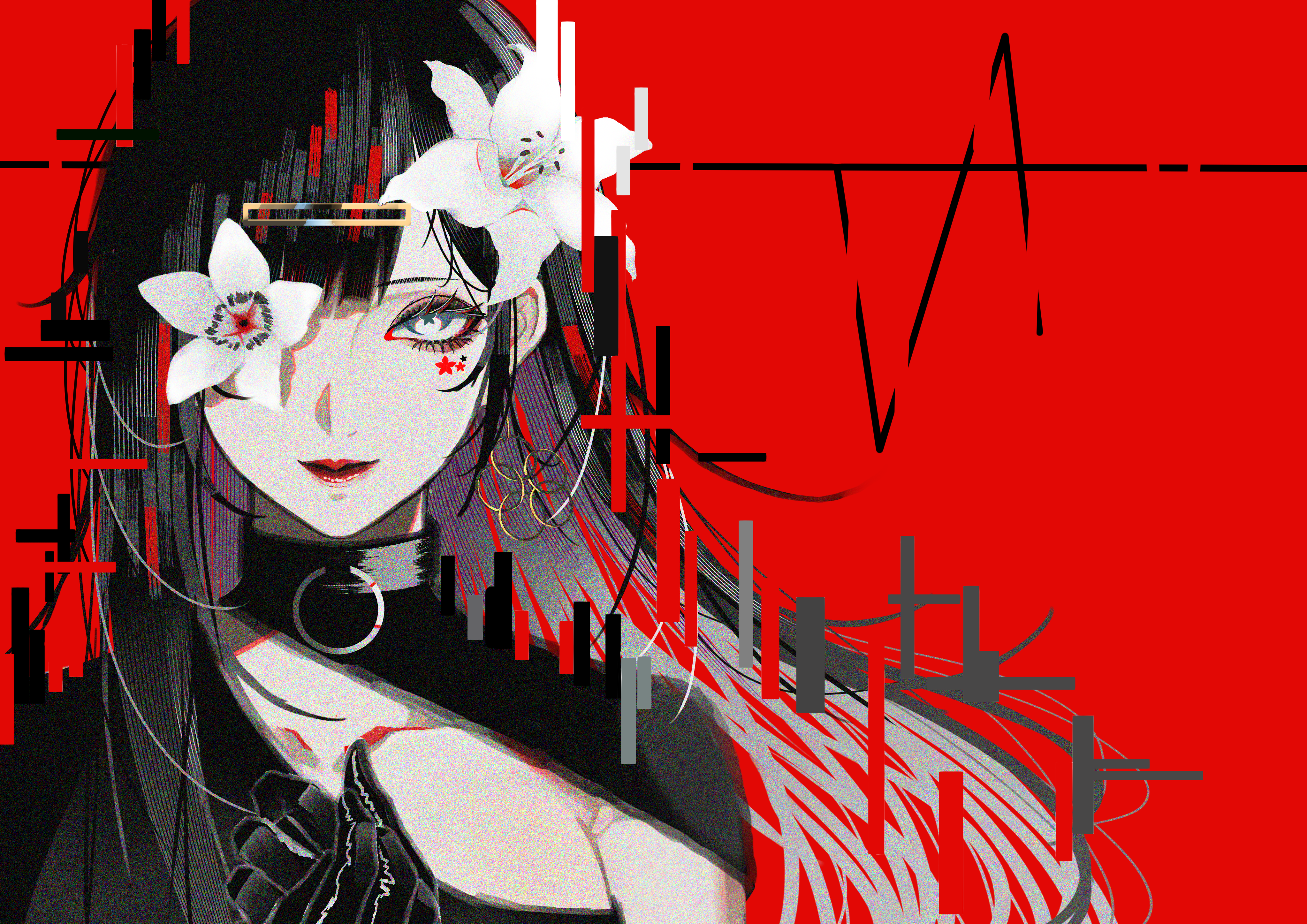syakemayusan, original, absurdres, highres, 1girl, armpit crease, black choker, black dress, black eyeshadow, black gloves, black hair, choker, closed mouth, collarbone, dress, earrings, eyelashes, eyeliner, eyeshadow, flower, flower over eye, glitch, gloves, grey eyes, jewelry, lily (flower), long hair, looking at viewer, makeup, mole, mole under eye, o-ring, o-ring choker, one eye covered, parted bangs, red background, red eyeliner, red lips, sidelocks, simple background, single earring, smile, solo, star-shaped pupils, star (symbol), star tattoo, symbol-shaped pupils, tattoo, upper body, white flower