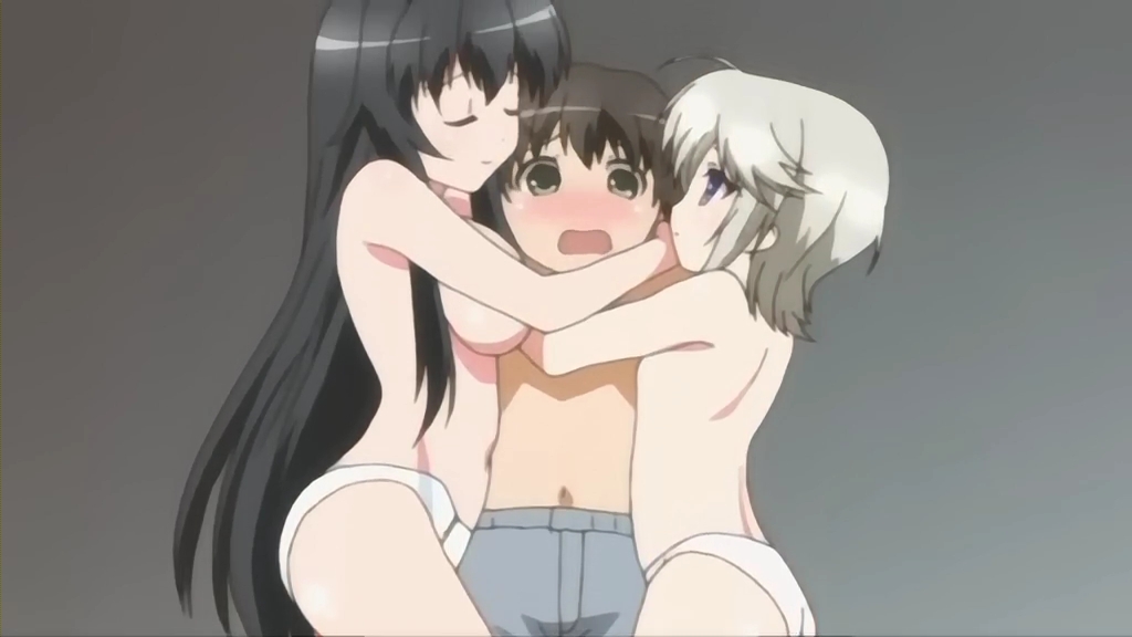 ezomori nozomu, minamoto chizuru, oyamada kouta, kanokon, tagme, 00s, 1boy, 2girls, black hair, blush, breasts, brown hair, girl sandwich, gradient background, hetero, hug, large breasts, loli, long hair, multiple girls, open mouth, panties, sandwiched, short hair, shota, simple background, small breasts, topless female, underwear