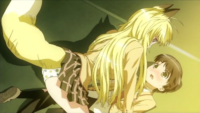 minamoto chizuru, oyamada kouta, kanokon, red neckwear, 00s, 1boy, 1girl, all fours, animal ears, blonde hair, brown hair, fox ears, fox tail, girl on top, green eyes, hetero, lying, necktie, on back, open mouth, panties, school uniform, shota, tail, underwear, wide-eyed