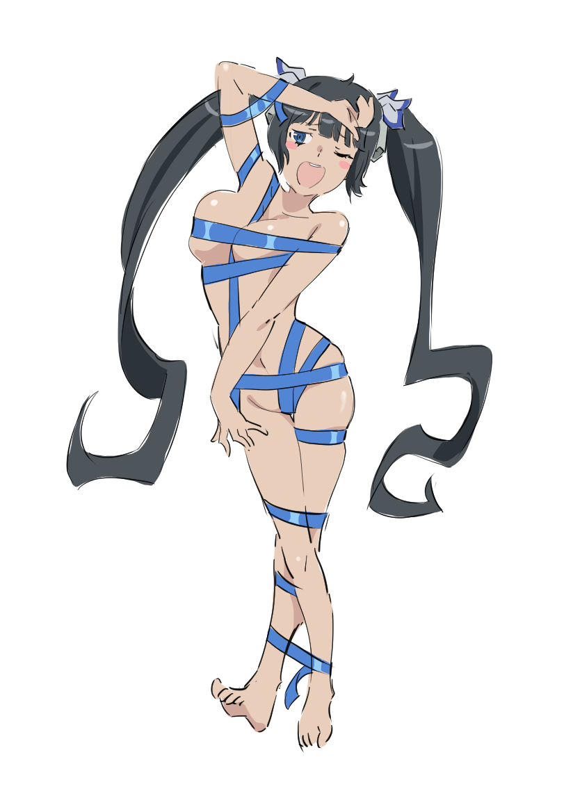 hestia (danmachi), dungeon ni deai wo motomeru no wa machigatteiru darou ka, 1girl, aoki ken'ichirou, barefoot, black hair, blue eyes, blue ribbon, blush stickers, bound, breasts, full body, groin, large breasts, long hair, looking at viewer, naked ribbon, navel, one eye closed, open mouth, ribbon, ribbon bondage, simple background, smile, solo, twintails, white background