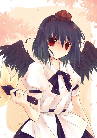 miyoochi, shameimaru aya, touhou, 1girl, black hair, black wings, female focus, hat, looking at viewer, ribbon, short hair, solo, wings