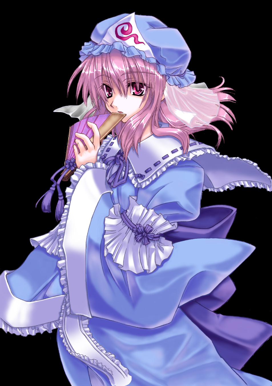 nekogami yamato, popi (pixiv), vi (ena0930), saigyouji yuyuko, touhou, bad id, bad pixiv id, colorized, highres, 1girl, covering face, covering own mouth, covering privates, female focus, folding fan, hand fan, hat, japanese clothes, kimono, pink hair, ribbon, short hair, solo